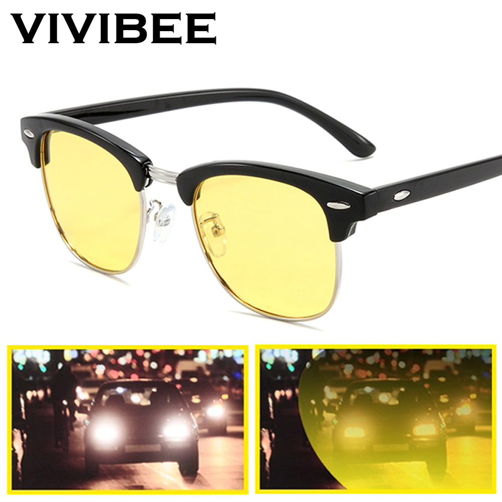 VIVIBEE Semi-Rimless Night Vision 안경 남성용 옐로우 편광 렌즈 고글 클래식 스퀘어 2022 여성 안경